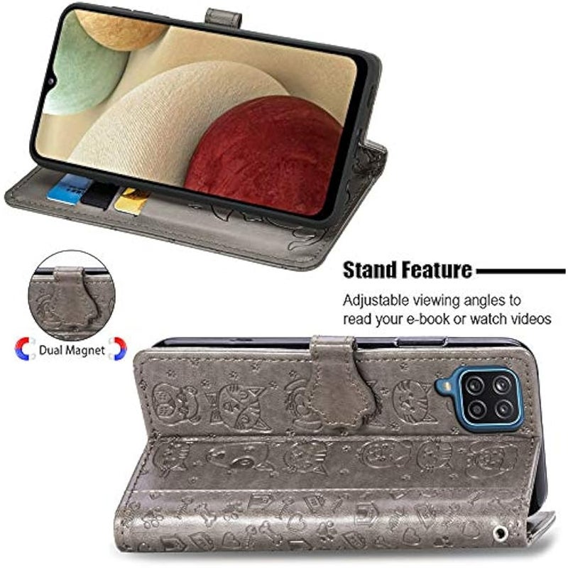 Samsung Galaxy A12 Cartoon Girl Wallet Case,CCSmall Cat Flip Phone Cover with Card Holder Wrist Strap & Screen Protector Kickstand PU Leather Cases for Samsung Galaxy A12 MG (Grey) - Image 4